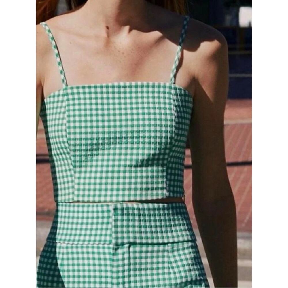 Zara | Green & White Gingham Spaghetti Strap Crop Cami | Size Large